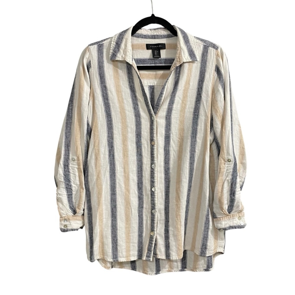 TAHARI Linen Striped Button Front Blouse Small